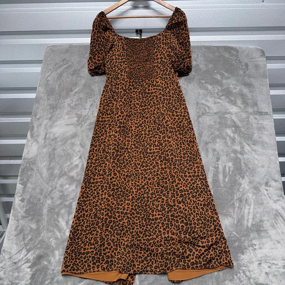 Good American Leopard Print Midi Dress Womens 3 Large Brown Button Front Smocked - Picture 2 of 12